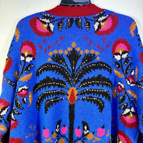 Farm Rio Palms Paradise Teal Cardigan Sweater Blue Red Medium NEW - Picture 11 of 17